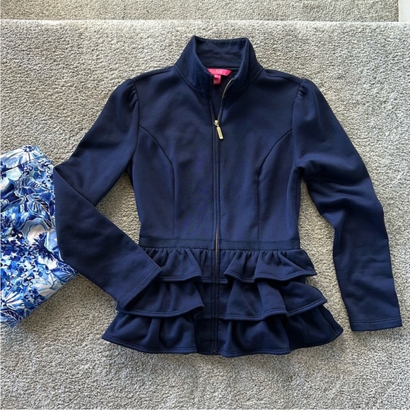 Lilly Pulitzer Azela Ruffle Fleece Jacket in True Navy - Picture 2 of 7